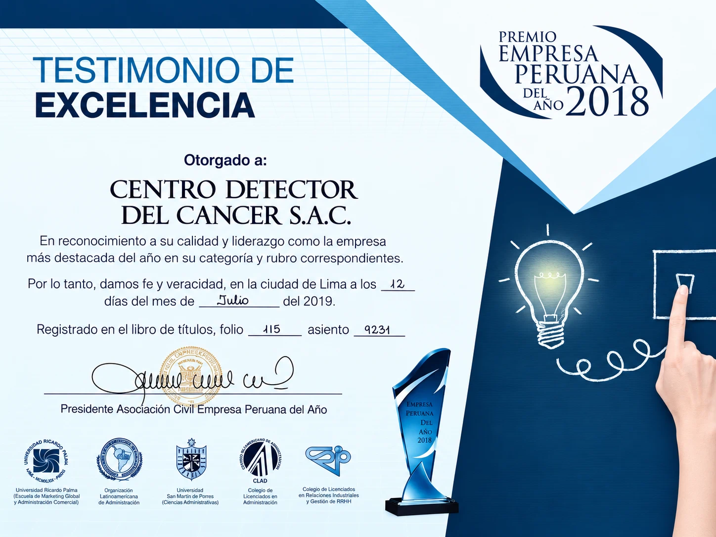 Premio Empresa Peruana del Año 2018 del Centro Detector del Cáncer